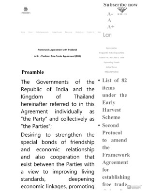 Framework Agreement with Thailand India - Thailand Free Trade Agreement (EHS)