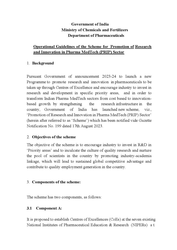 Government of India   Ministry of Chemicals and Fertilizers  Department of Pharmaceuticals
